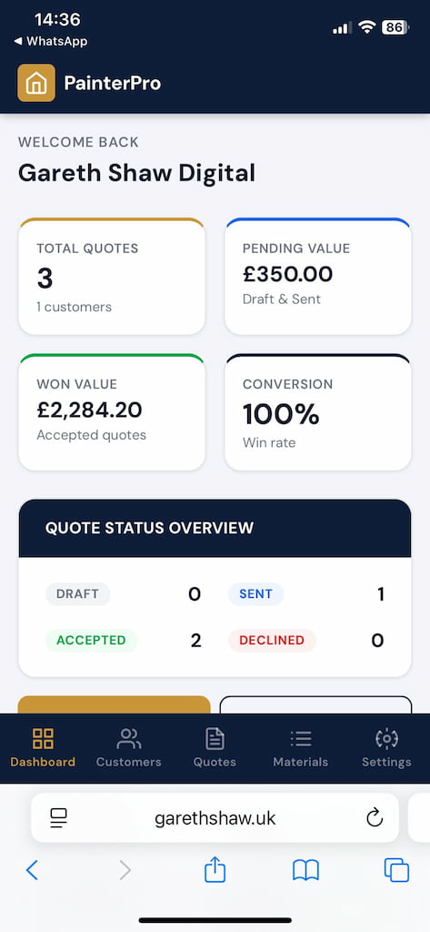 PainterPro dashboard on mobile