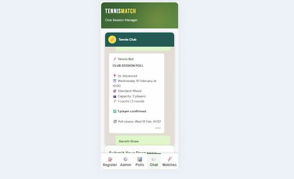 TennisMatch - WhatsApp-based tennis club coordination system